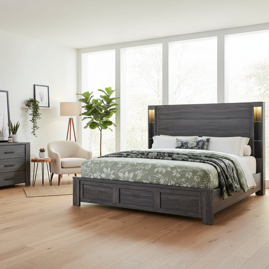Dark Gray Distressed Wood Lighted King Bed Frame