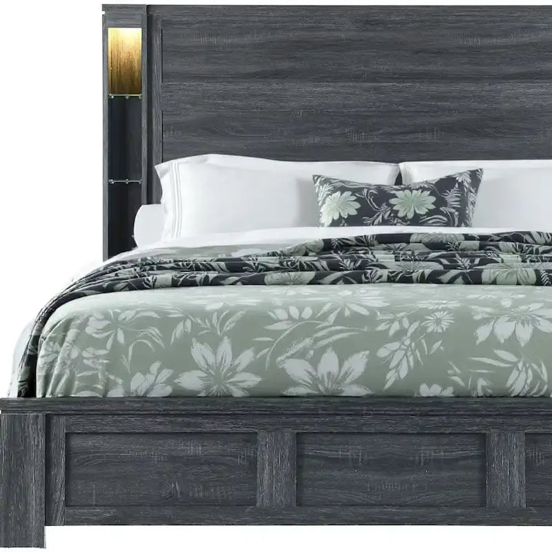 Dark Gray Distressed Wood Lighted King Bed Frame
