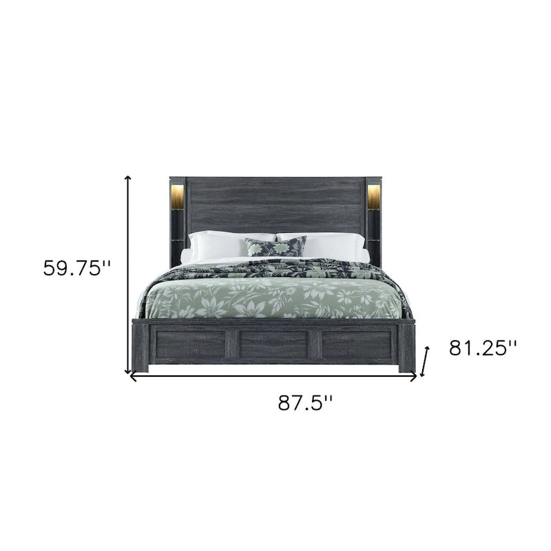 Dark Gray Distressed Wood Lighted King Bed Frame