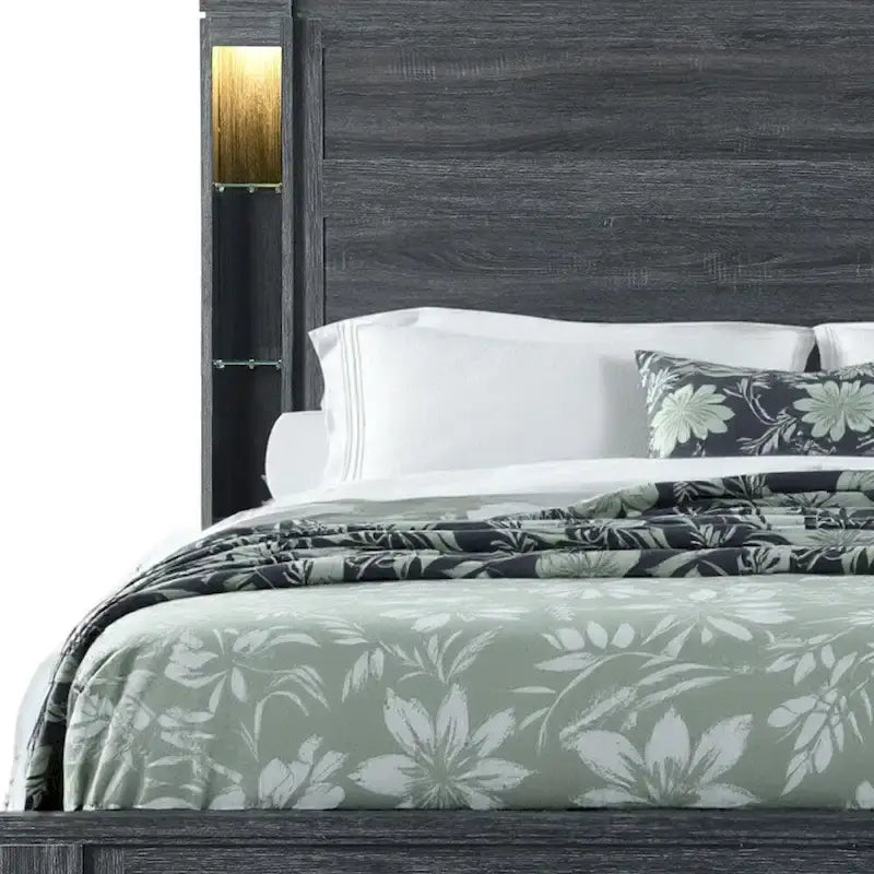 Dark Gray Distressed Wood Lighted King Bed Frame