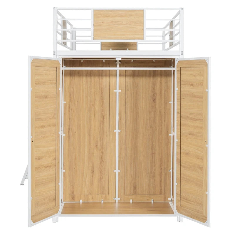 Twin Size Loft bed with L-shape Desk and Wardrobe