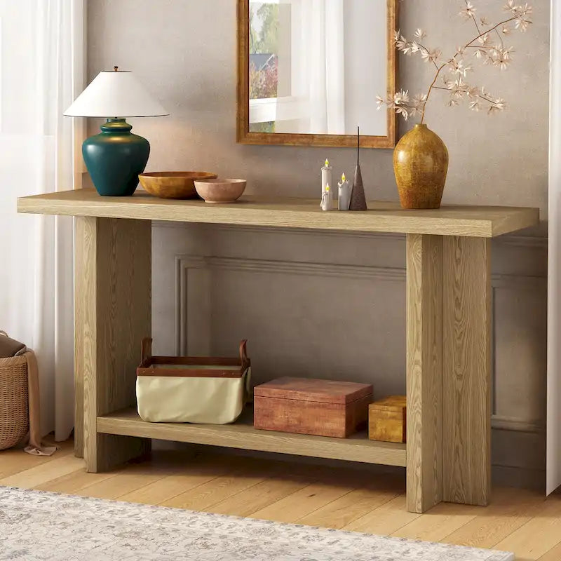 Vintage-Inspired Console Table, Ash Wood Veneer with T-Leg Design for Study, Entryway, Hallway, Living Room