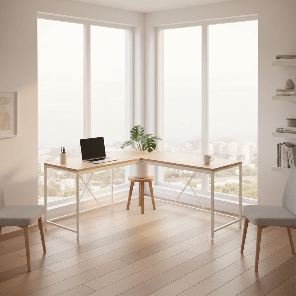 Posy Corner Desk, L Shaped White Metal Frame, X Crossed, Oak Brown Wood Top
