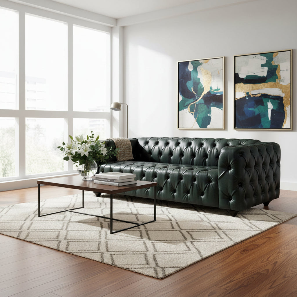 Arlo Sofa, Chesterfield Tufted Black Faux Leather Upholstery, Wood, 84 Inch