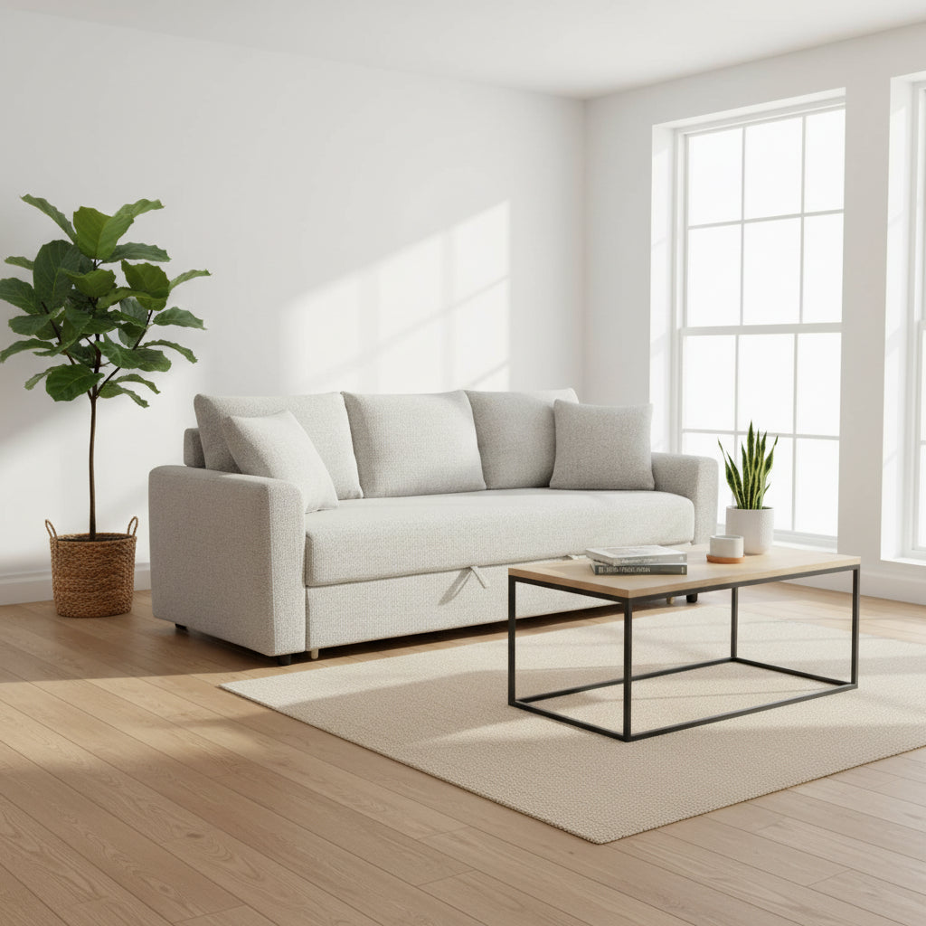 Conan Sleeper Sofa, Full Fold Out Bed, 2 Pillows, Gray Boucle, 89 Inch