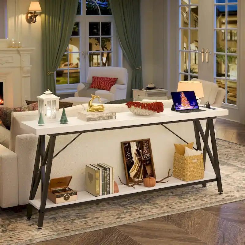 70.9 Extra Long Console Table Sofa Table with Charging Station and Storage Shelf,Industrial Hallway Entry Table