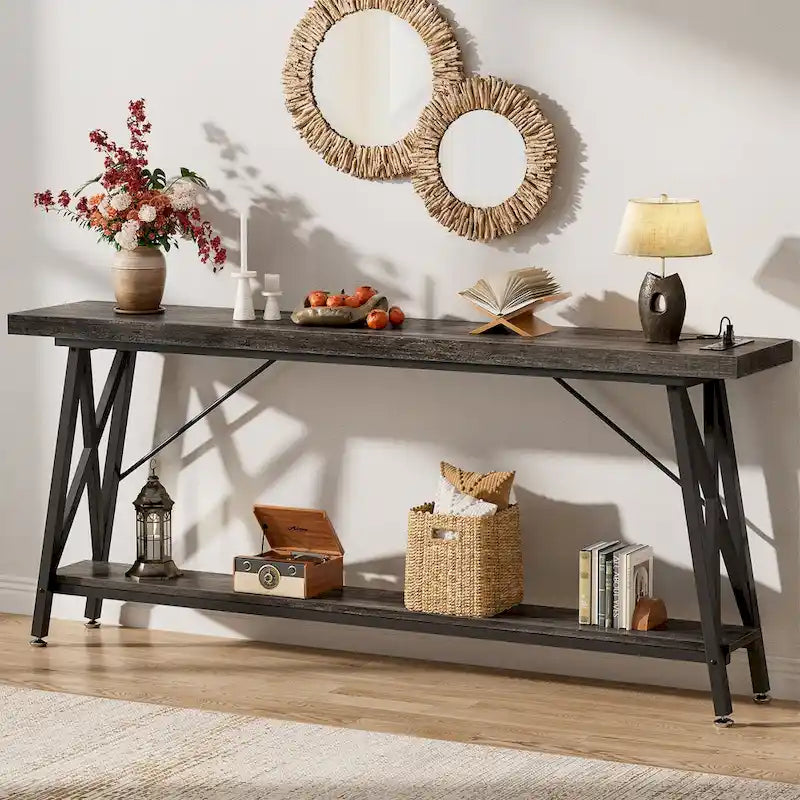 70.9 Extra Long Console Table Sofa Table with Charging Station and Storage Shelf,Industrial Hallway Entry Table