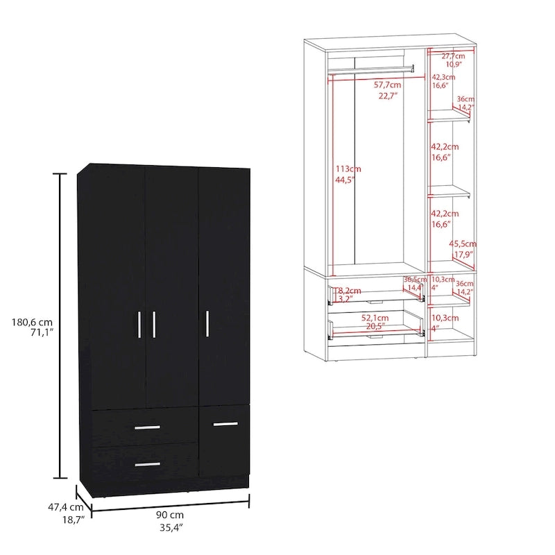 35.4 Modern Four-door Armoire with 2 Drawers, Six Shelves and Hanging Rod
