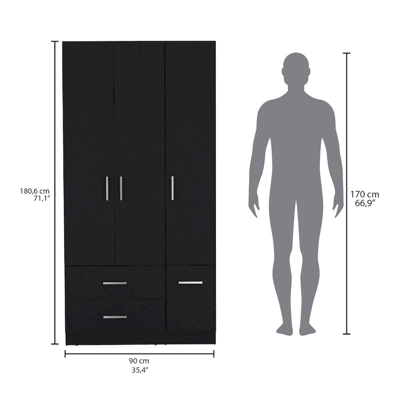 35.4 Modern Four-door Armoire with 2 Drawers, Six Shelves and Hanging Rod