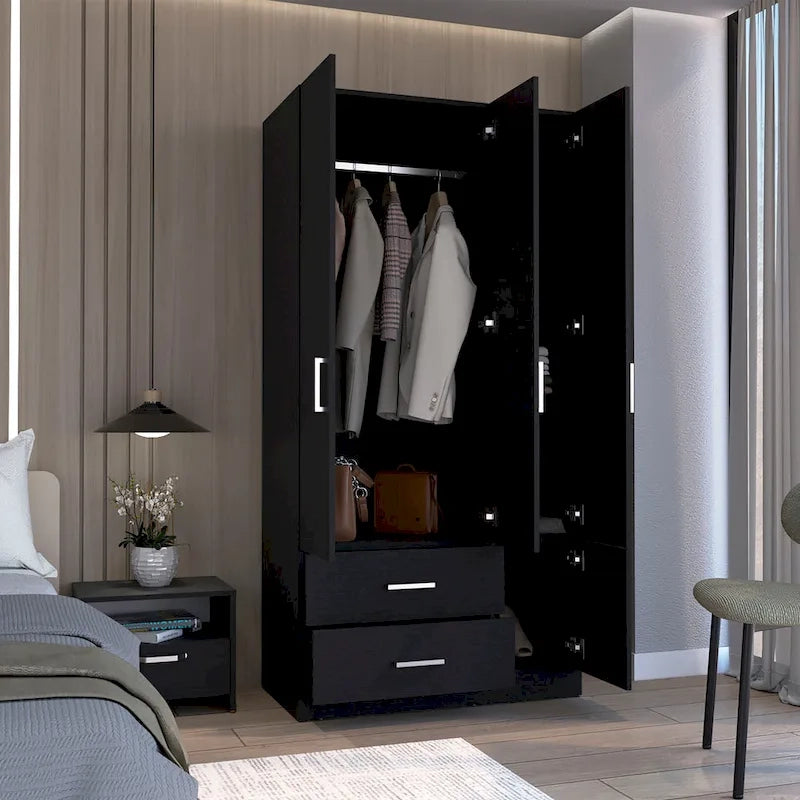 35.4 Modern Four-door Armoire with 2 Drawers, Six Shelves and Hanging Rod