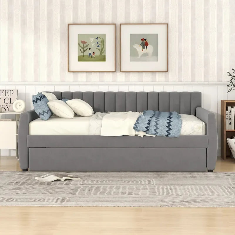 Velvet Daybed with Trundle & Wood Slats