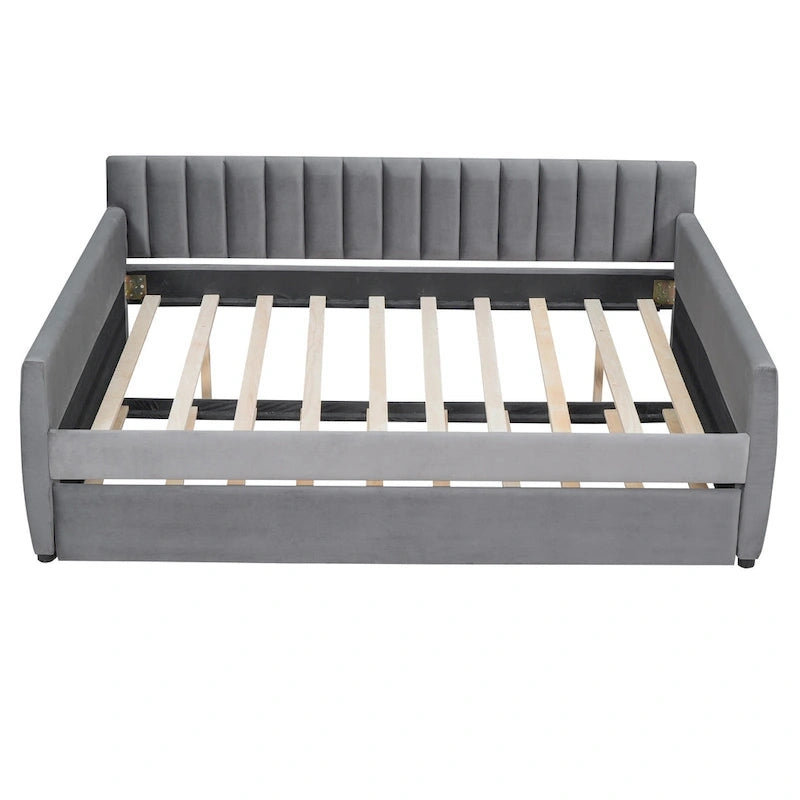 Velvet Daybed with Trundle & Wood Slats