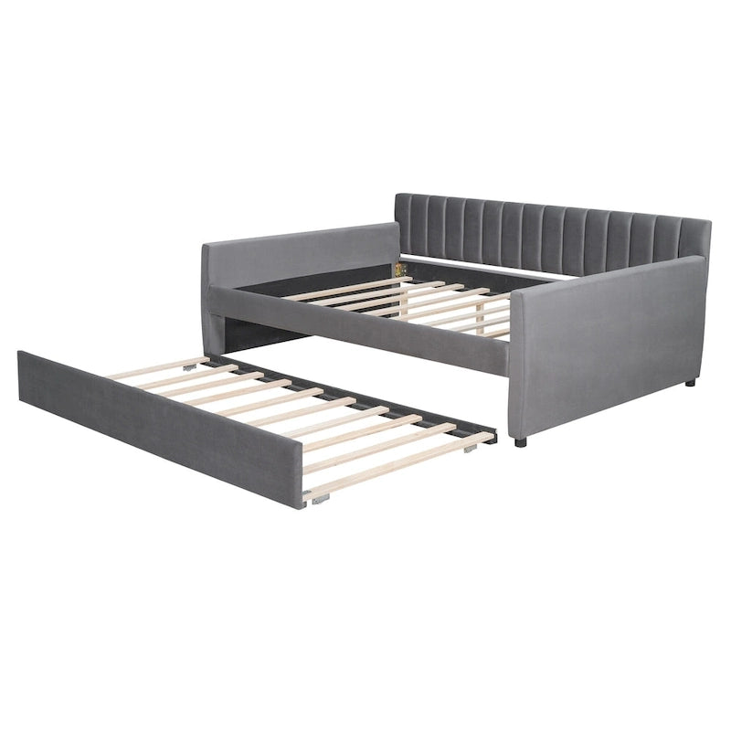 Velvet Daybed with Trundle & Wood Slats