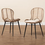 Modern Bohemian Rattan and Metal 2-Piece Dining Chair Set