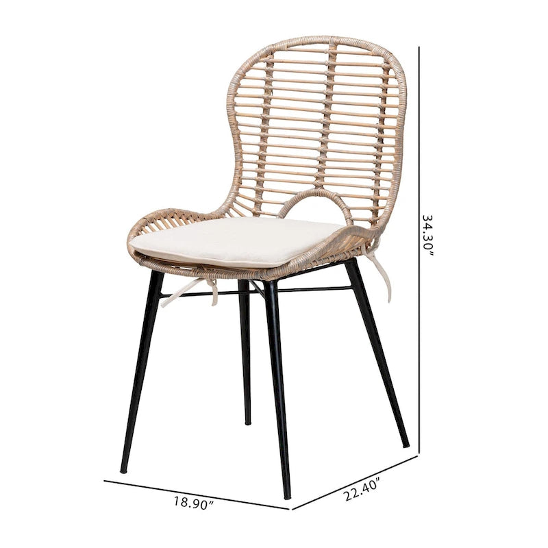 Modern Bohemian Rattan and Metal 2-Piece Dining Chair Set