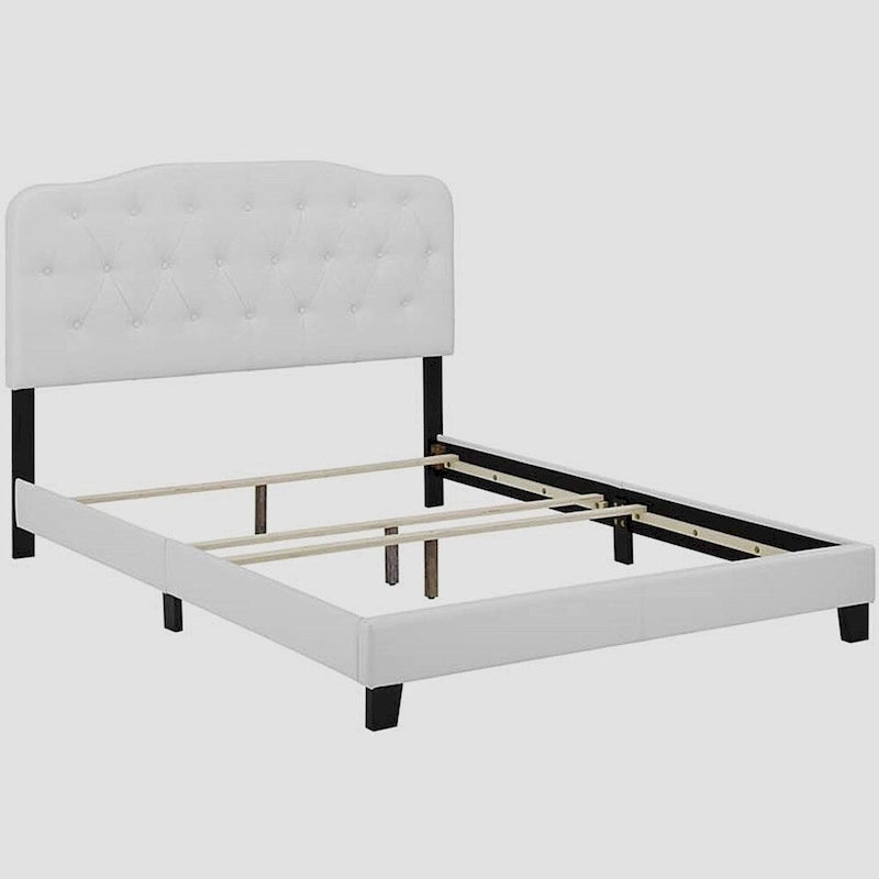 Full Size White Leather Platform Bed with Button Tufted Headboard