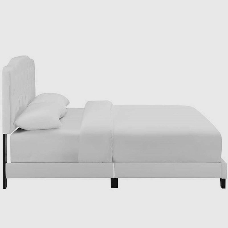 Full Size White Leather Platform Bed with Button Tufted Headboard