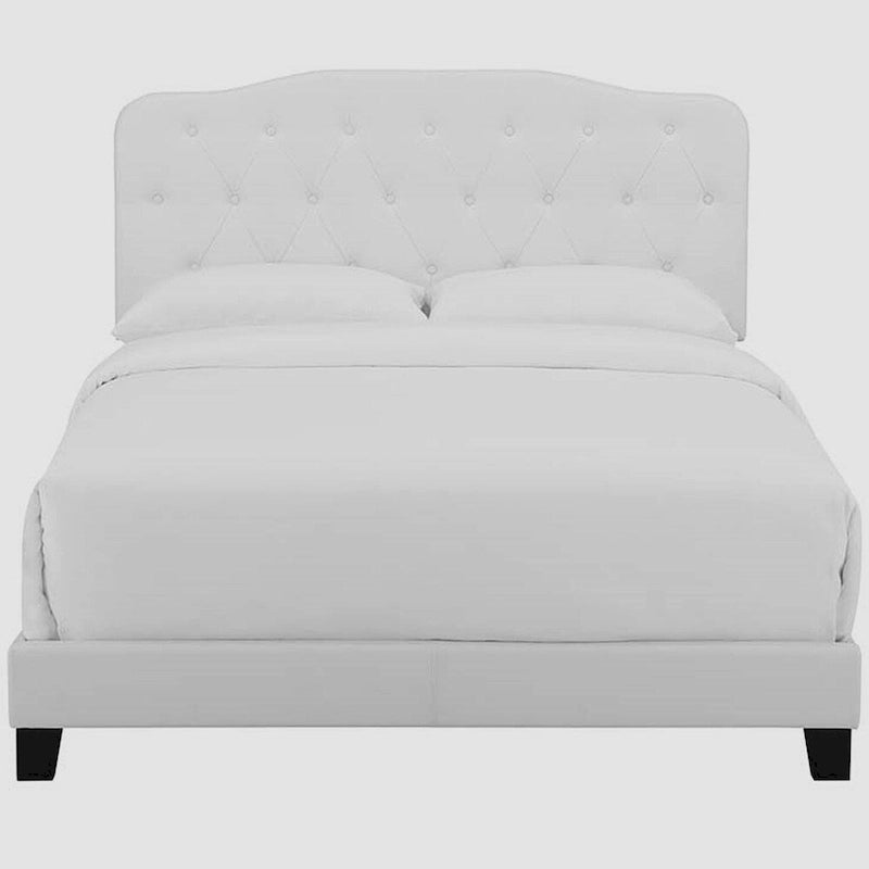 Full Size White Leather Platform Bed with Button Tufted Headboard