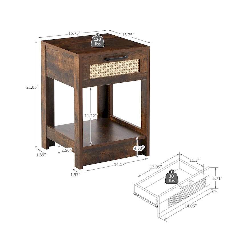 15.75 Rattan End table with drawer, Modern nightstand, side table for living roon, bedroom,natural