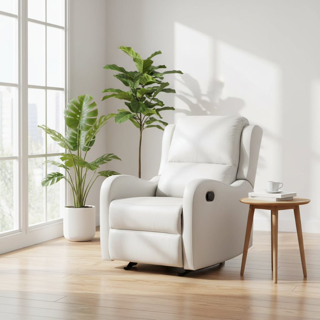 Kim 39 Inch Glider Manual Recliner Chair, Off White Faux Leather