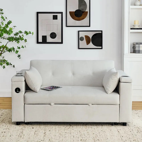 2-Seat Sleeper Sofa Bed with USB Power Outlet, Side Pockets and Lumbar Pillow