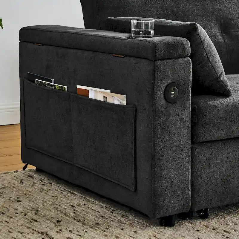 2-Seat Sleeper Sofa Bed with USB Power Outlet, Side Pockets and Lumbar Pillow